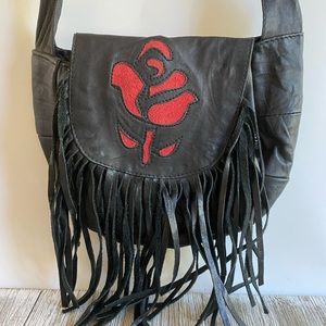 Vintage Sheep Leather Black Purse with Fringe and Rose Inlay